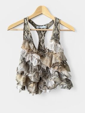 ZARA ANIMAL SNAKE PRINT BLOUSE SNAKE RUFFLE CROPPED TANK TOP SMALL